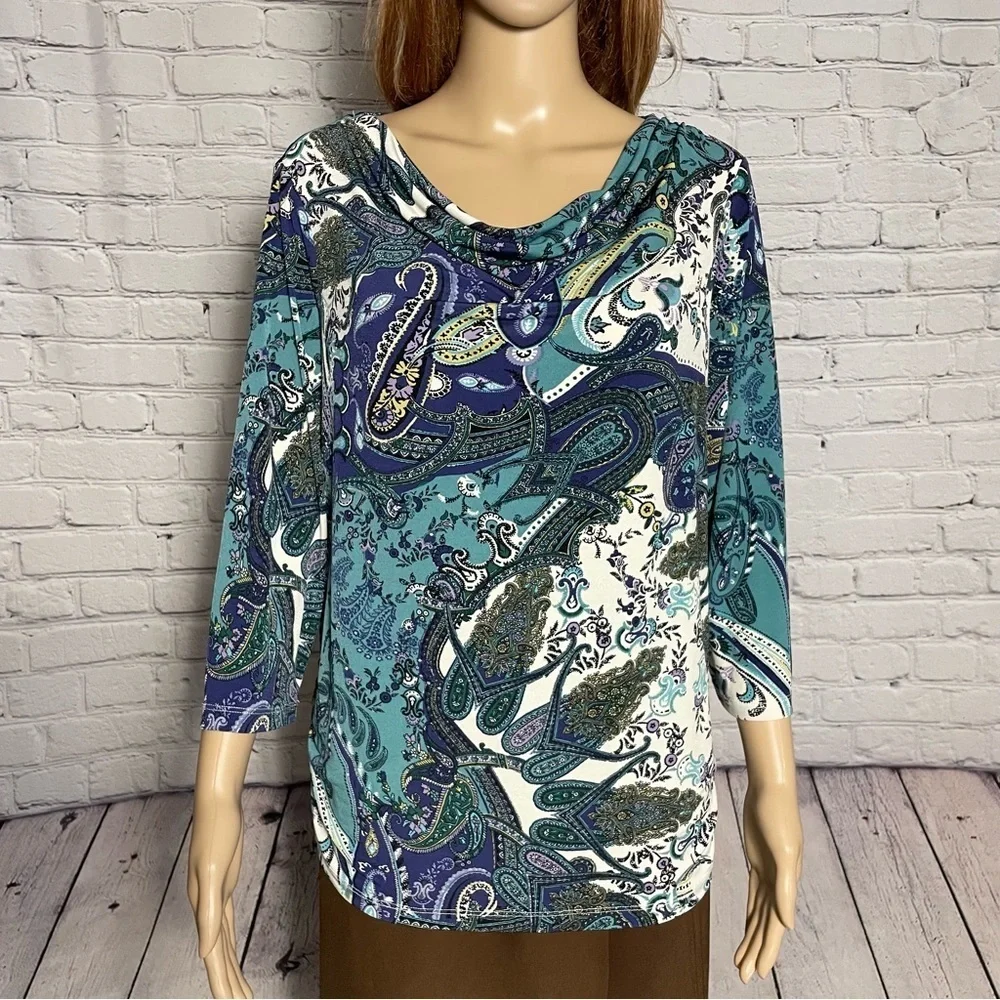 Chico's Cowl Neck 3/4 Sleeve Paisley Top Size 2 US L